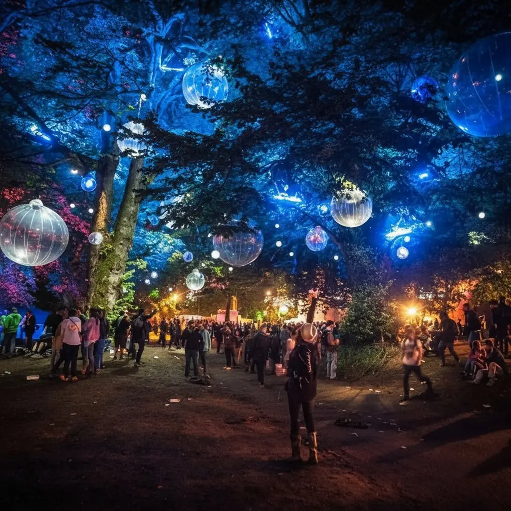 Blue lanterns illuminating the forest